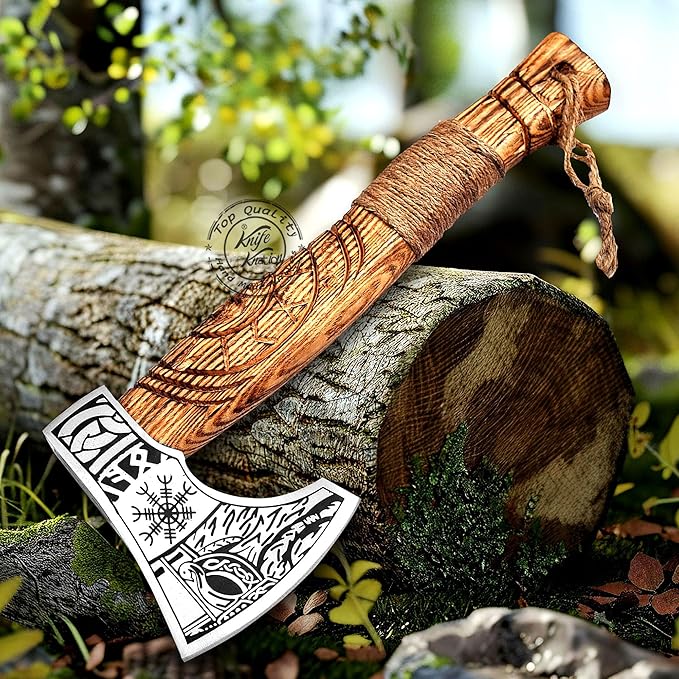 Hand-Forged Viking Axe Nordic Engraved Blade with Wooden Handle Unique Gift for Men Collectors Great Gift for Birthdays Holidays or Weddings (AXE-05)