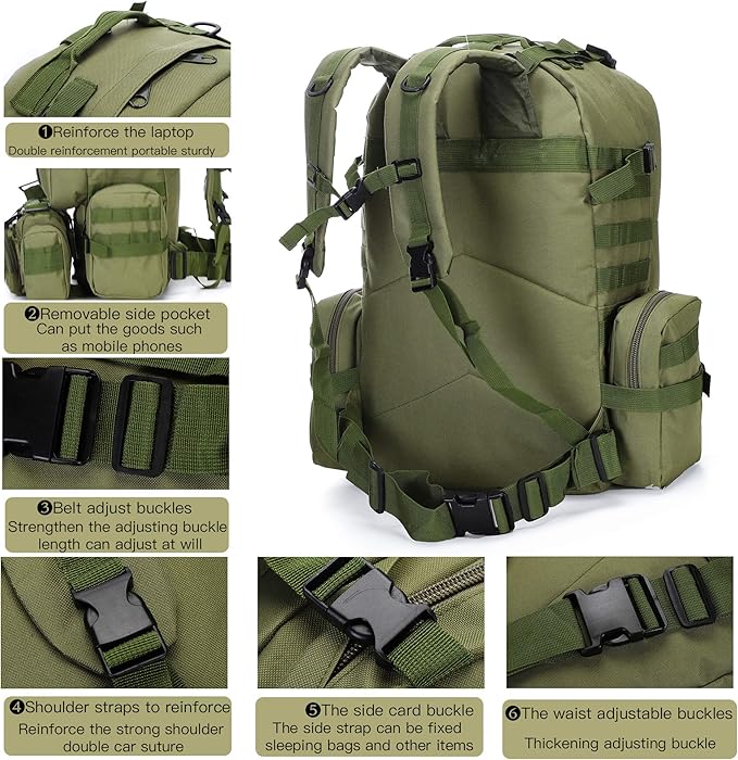 Military Tactical Backpack 45+10L Army 3 Day Assault Pack Molle Camping Hiking Rucksack Traveling Daypack