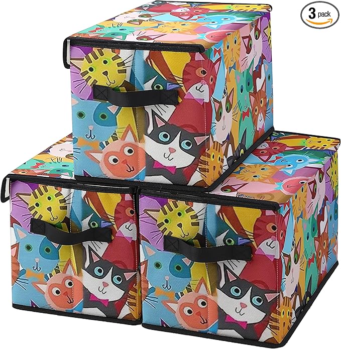 Stackable Clothes Storage Bins with LidsCloset Organizers Fabric Cat Printing Box for Home and OfficeBlanket Clothes OrganizersUnder Bed Storage Containers 3 Pack.