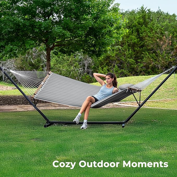 SUPERJARE Hammock with Stand 2 Person Quilted Outdoor Hammock Detachable Pillow &amp Bamboo Spreaders Portable Hammock with Carrying Bag Heavy Duty Stand Perfect for Outside Patio Gray