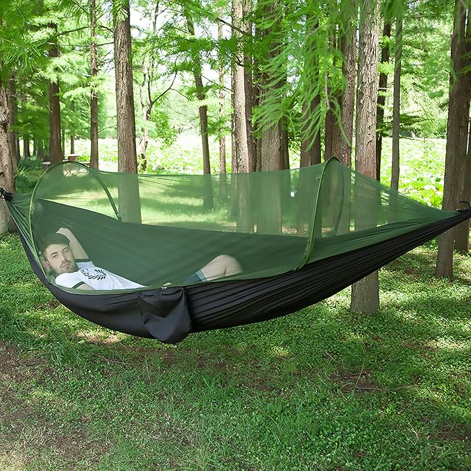 LFL Camping Hammock with Mosquito Net Hammocks with 13ft Tree Straps Carabiners Automatic Quick Open Outdoor Portable Hammock Nylon Parachute Material Outside Hammocks with Net (Black)
