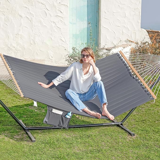 GAFETE Hammock 2 Person Quilted Fabric Hammocks for Outside Double 12ft Hammocks with Spreader Bar Large Removable Pillow Storage Bag Carabiners Max 475 lbs Capacity (Dark Grey)