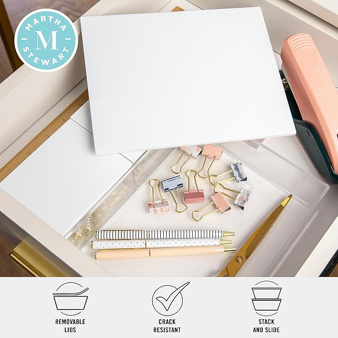 Martha Stewart Brody Plastic Storage Organizer Bins with Engineered Wood Lids for Home Office-Kitchen or-Bathroom 3 Pack 1-Small/1-Medium/1-Large Clear/White