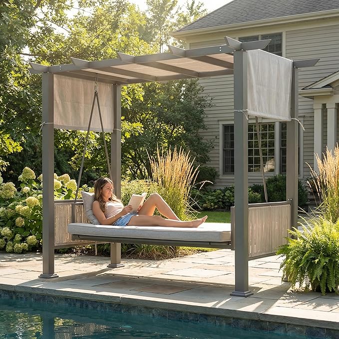 Pamapic 3-Seat Porch Swing with Stand 990 LBS 2 in 1 Convertible Bed Patio Swings with Canopy Adjustable Wicker Side Panel Swing Chair Outdoor with Cushion for Backyard Porch Garden (Gray)