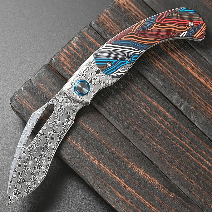 Sitivien ST270 Folding Knife Damascus Steel Blade Colorful G10 &amp Damascus Handle with Ball Bearing for Men Women Outdoor Camping Hiking Fishing(Wood)