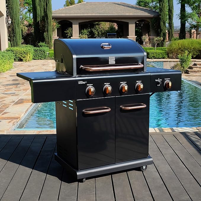 Kenmore 4-Burner BBQ Gas Grill with Searing Side Burner Propane Grill 52000 BTUs Warming Rack Electronic Ignition &amp Cast Iron Cooking Grates Black/Copper