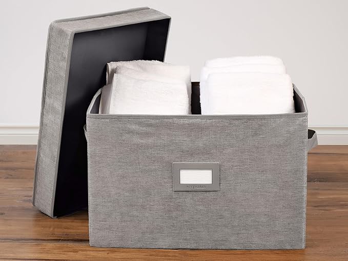 Covermates Keepsakes Storage Box Heavy Duty Polyester Organizer Bin Stackable Design Reinforced Handles ID Window Closet Garage Home Storage Grey Heather