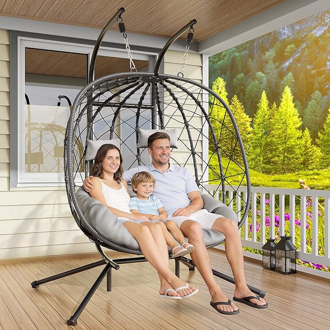 LEVELEVE Double Egg Swing Chair with Stand - 2 Person Outdoor Patio Hanging Wicker Hammock Chair with Cushion Dark Grey for Garden Lawn Bedroom Indoor/Outdoor Use
