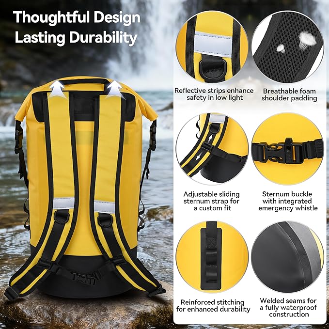 MARCHWAY Floating Roll Top Dry Bag Flexible Lightweight TPU Waterproof Backpack 20L/30L/40L with Padded Straps for Boating Kayaking Swimming Hiking Beach (Yellow 30L)