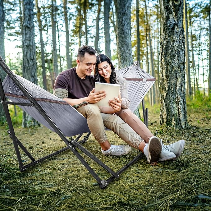 Tranquillo Universal Double Hammock with Stand Included for 2 Persons/Foldable Hammock Stand 600 lbs Capacity Portable Case - Inhouse Outdoor Camping Grey