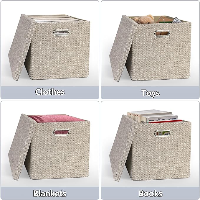 Storage Bins with Lids13 x 13 Inch Foldable Fabric Cube Baskets Boxes Organizer for Closet Shelves and Home. (Khaki (13x13) 4 pack)