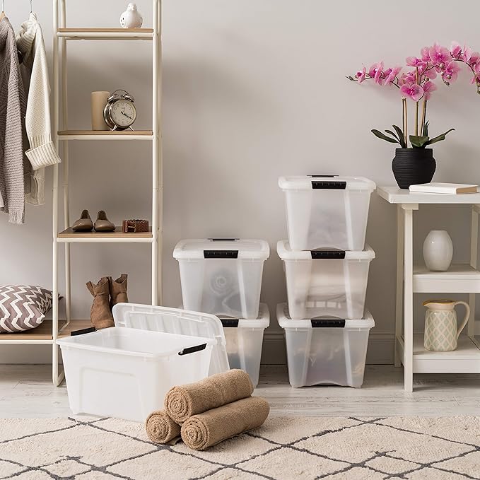 IRIS USA 32 Qt Stackable Plastic Storage Bins with Lids 6 Pack - BPA-Free Made in USA - Discreet Organizing Solution Latches Durable Nestable Containers Secure Pull Handle - Pearl