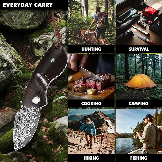 Father's Day Mother's Day &amp Birthday Gift for Him Her: ALBATROSS Mini Pocket Knife - 4.75 Modern Damascus Steel Folding Knife with Red Sandalwood Handle - 71 Layer Hand Forged Blade - Liner Loc