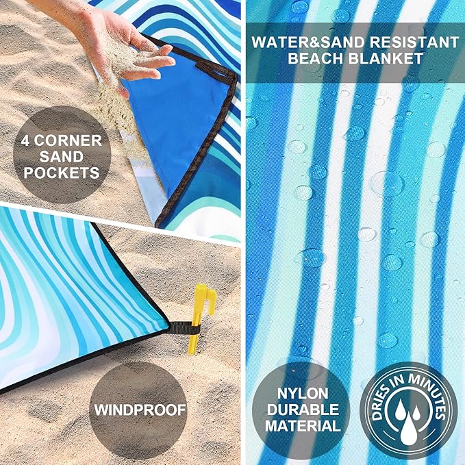 Beach Blanket Waterproof Sandproof Beach Mat 79 X 83/10'x9'for 2-8 Adults Quick Drying Outdoor Picnic Mat Beach Accessories for Travel Camping Hiking