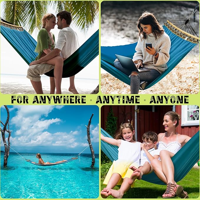 Tranquillo Double Hammock 2 Persons Cotton Canvas 600 lbs Portable Camping Hammock with Solid Wood Spreader Bar Hammock for Camping Portable Relaxation Gear for Camping Patio Garden Blue