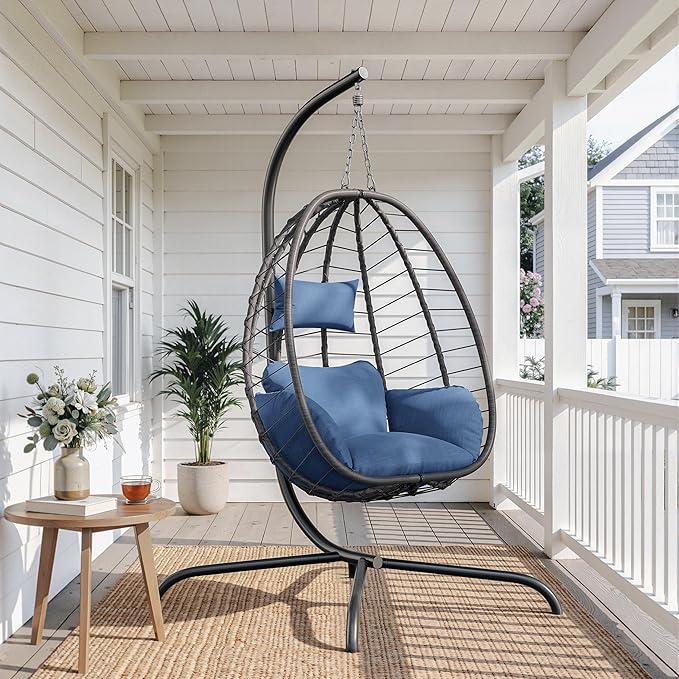 ALAULM Foldable Egg Chair with Stand 485LBS Capacity Wicker Rattan Hammock Swing Chair for Outdoor &amp Indoor Patio Hanging Chair with Strong Frame &amp UV Resistant Cushion for Balcony Bedroom