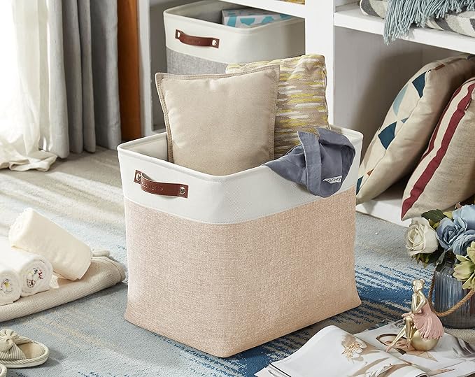 DECOMOMO Extra Large Storage Baskets 54.5L Fabric Storage Bins for Organizing Linen Closet Nursery (Khaki &amp White XXXL - 3 pack)
