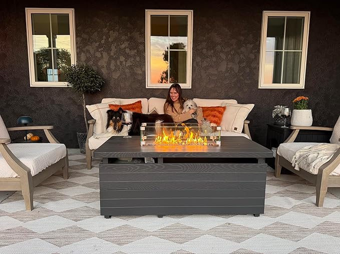 Sundale Outdoor 51 Inch Outdoor Fire Pit Table 50000BTU Rectangle Propane Fire Pit with Sliding Tank Holder Glass Wind Guard Removable Lid CSA Certified Gray