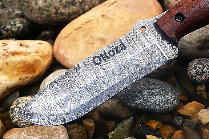 Ottoza Fixed Blade Hunting Knife with Leather Sheath and Horizontal Carry - Wood Handle - Full Tang Outdoor Survival and Camping Knife for Men 433