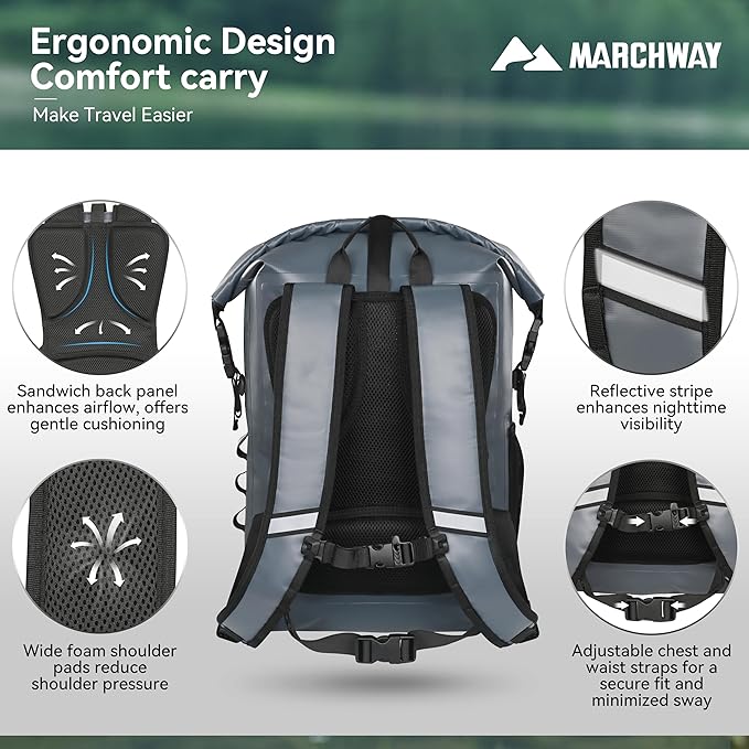 MARCHWAY Roll Top Waterproof Backpack Floating Dry Bag 20L/30L/45L with Ergonomic Rectangular Base Cushioned Back Hip Strap for Hiking Camping Kayaking Travel (Grey 30L)