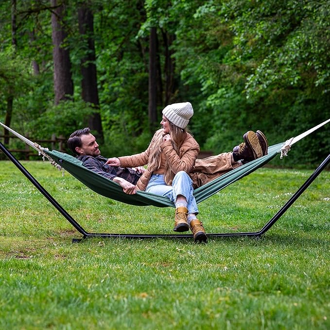 SUNCREAT Hammocks Extra Large Double Hammock with 12 ft Stand 475lbs Capacity Outdoor Portable Hammock with Hardwood Spreader Bar Extra Large Pillow Gray Green