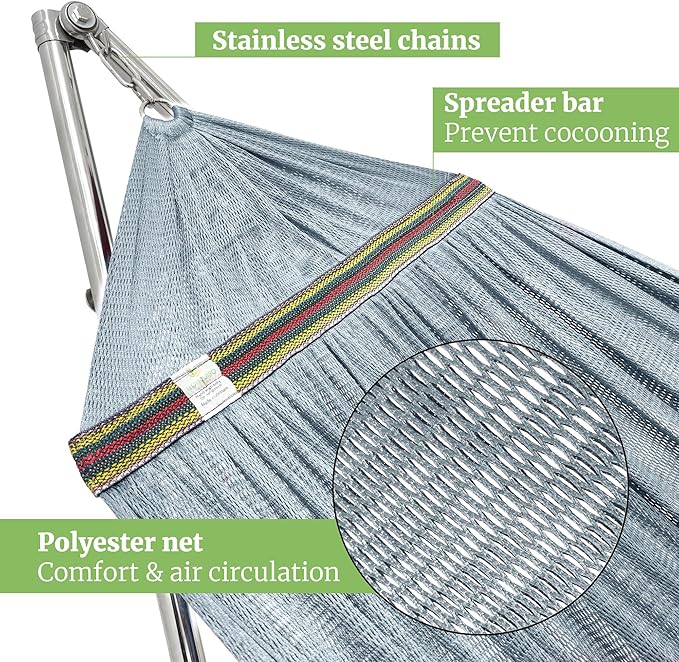Tranquillo Double Hammock with Stand 650lb Capacity Double Hammock with Spreader Bar Solid Grade 201 Stainless Steel 30s Set Up Sturdy Flexible Hammock Stand Portable Outdoor Indoor Grey