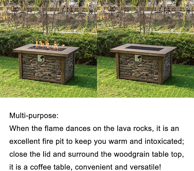 Afterglow Outdoor Retangular TerraFab Propane Fire Pit Table for Outside Patio Backyard Garden with Weather Cover and Lava Rocks 50000 BTU 43.5”Lx27.36”Wx23.8”H Brown CSA Certificated