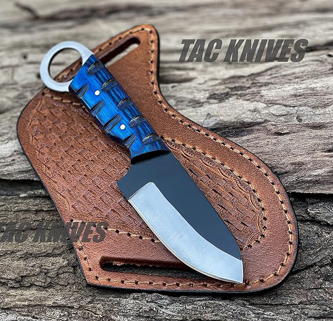 TAC KNIVES 7'' Full Tang Fixed Blade Outdoor Camping Hunting Knife In Sheath Gift For Him | 1095 High Carbon Steel Knife | SKINNER Gift | Cowboy knives | Pancake leather sheath (BLUE)