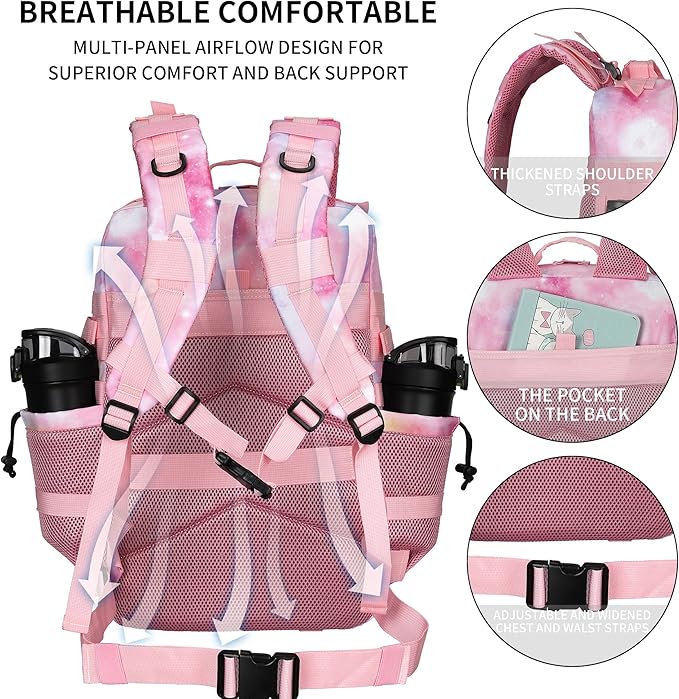 Military Tactical Backpack 45L/25L 3 Day Assault Pack Molle Daypack Hiking Backpack for Men and Women (Pink StarrySky 45L)