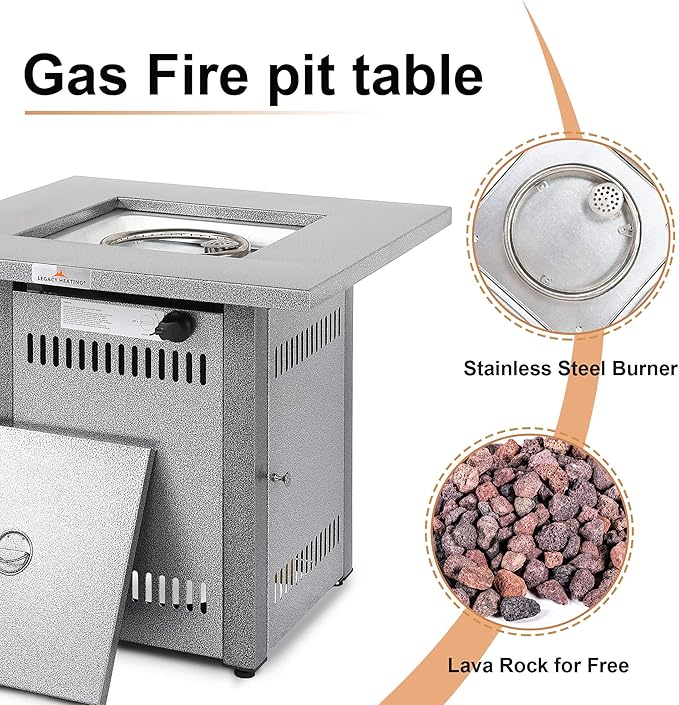 LEGACY HEATING Gas Fire Pit Table 28 inch Outdoor Propane Fire Pit Table 50000 BTU 28 Square Fire Table with Lid &amp Lava Rock Silver Grey Texture for Outside Patio Yard Party Balcony and Lawn