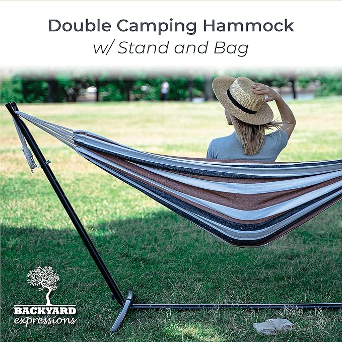 Backyard Expressions Double Camping Hammock with Steel Stand &amp Carrying Bag Adjustable Height Ultra Soft Cotton Blend 550 lb Capacity Indoor &amp Outdoor Portable Hammock
