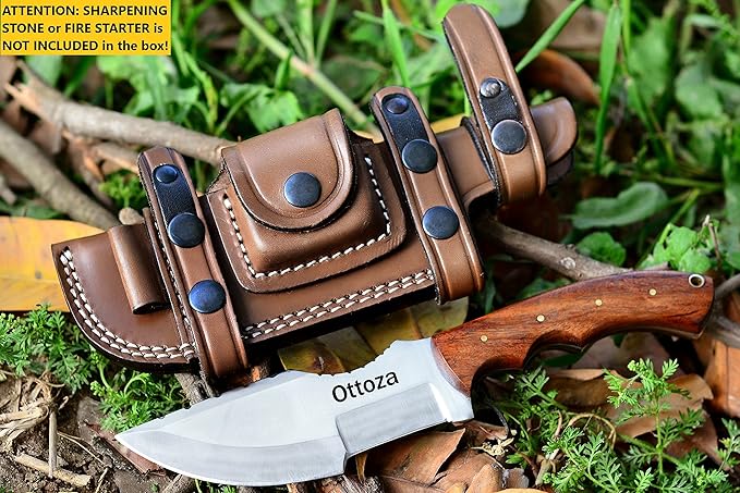 Ottoza D2 Steel Camping Tracker Knife with Wood Handle and Horizontal Carry Leather Sheath – Full Tang Outdoor Hunting Knife 116