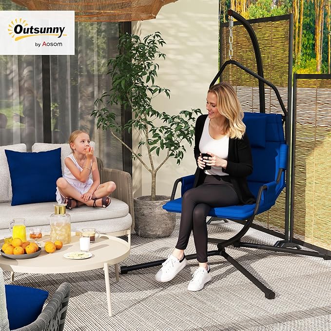 Outsunny Hammock Chair with Stand Hammock Swing with PA Coating Oxford Fabric Cushion Indoor Outdoor Hanging Chair with Chain Steel Frame for Bedroom Patio Balcony Dark Blue