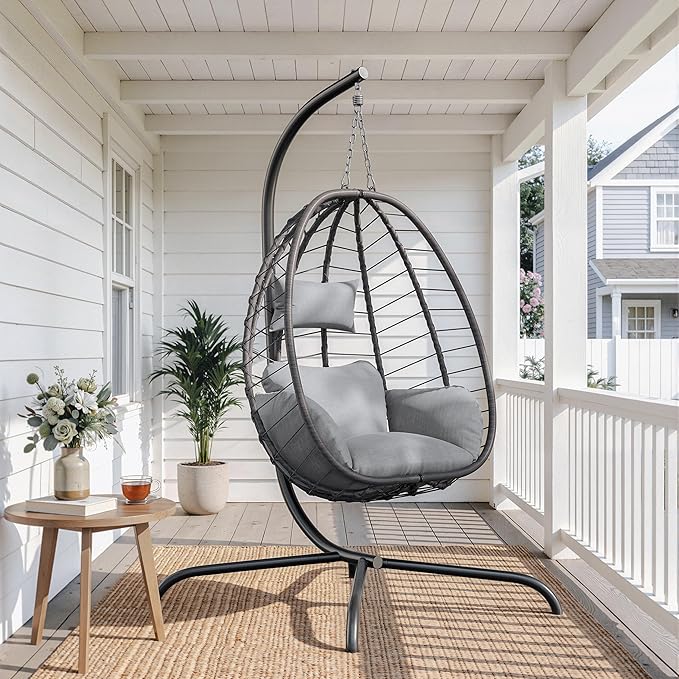 ALAULM Foldable Egg Chair with Stand 485LBS Capacity Wicker Rattan Hammock Swing Chair for Outdoor &amp Indoor Hanging Chair with Strong Frame &amp UV Resistant Cushion for Balcony Bedroom Light