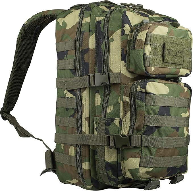 Mil-Tec Unisex Assault Pack - Rugged Durable Lightweight Ergonomic Versatile Tactical Outdoor Camping Hiking Backpack with Adjustable Padded Shoulder Straps &amp MOLLE Loops Woodland Camo 20L