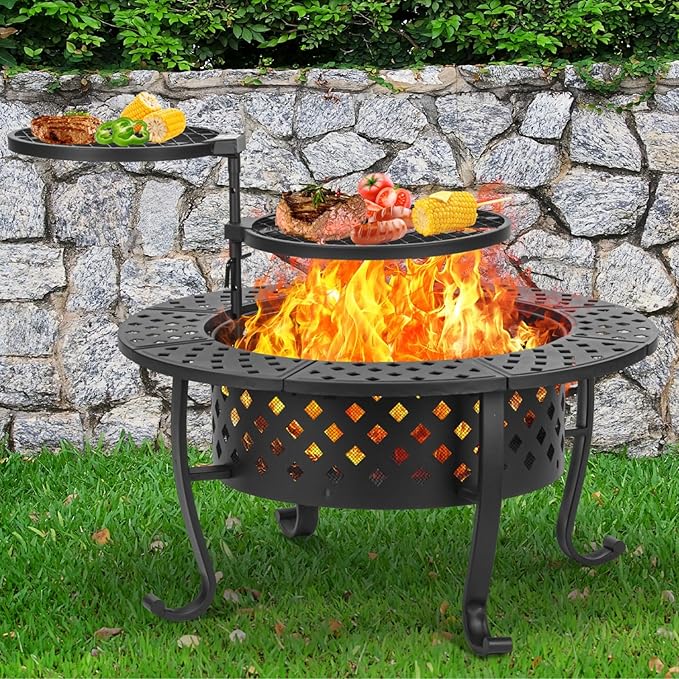 Panovue 36 Inch Fire Pit with 2 BBQ Grills Wood Burning Fire Pits for Outside with Lid &amp Fire Poker BBQ&amp Outdoor Firepit &amp Round Metal Table 3 in 1 for Patio Picnic Party