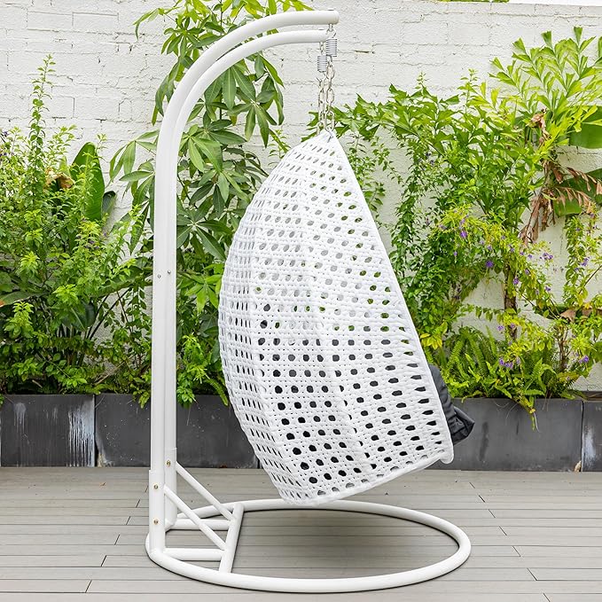 LeisureMod 2 Person Hanging Egg Chair Indoor Outdoor Patio Lounge Swing with White Stand &amp UV-Resistant Cushions Hammock Chair for Bedroom &amp Garden Black