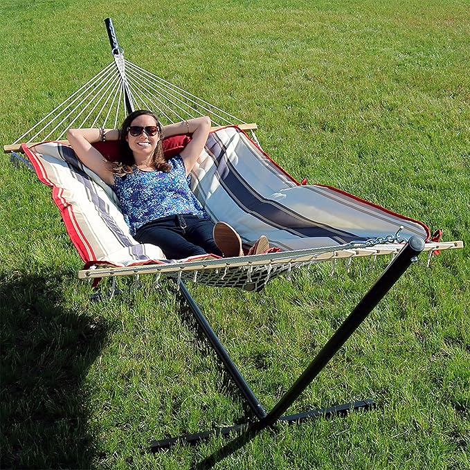Sunnydaze Rope Hammock with Stand for Outside- 275-Pound Capacity - Includes 12-Foot Hammock Stand Spreader Bar Pad and Pillow - Modern Lines