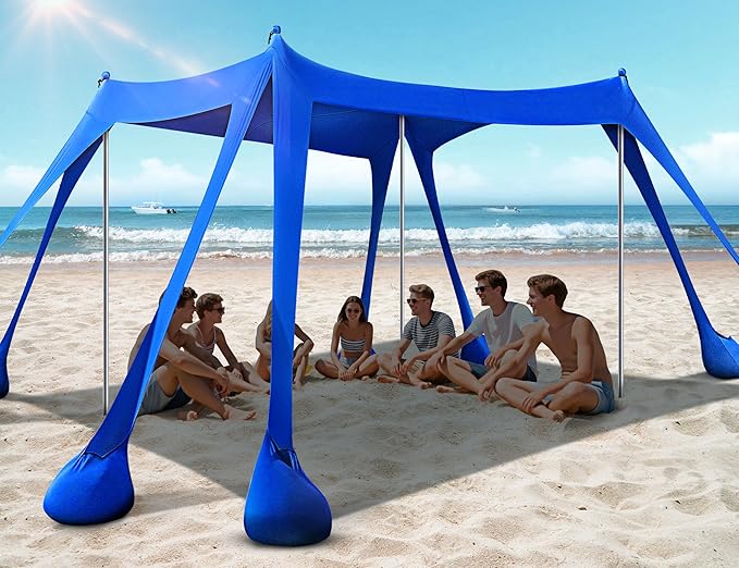 Rengue Beach Tent Beach Canopy UPF50+ UV Protection 10x10ft Beach Shade Sun Shelter with 8 Sandbags Sand Shovels Ground Pegs Stability Poles for Camping Fishing Picnic Backyard Fun Royal Blue