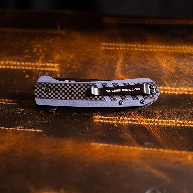 OUTDOOR EDGE Razor VX4 | Carbon Fiber Over Blue G10 with Black Drop Point | Replaceable Blade EDC Folding Pocket Knife | 3 Blade Ceramic Ball Bearings Reversible Pocket Clip