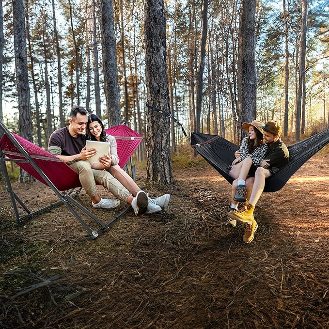 Tranquillo Combo x2 Hammocks with Stand for Outside &amp Tree Straps Heavy Duty Hammock with Stand 600lbs for Indoor Outdoor Patio Backyard x2 Hammocks for 2 Person (Combo - Red Medium)