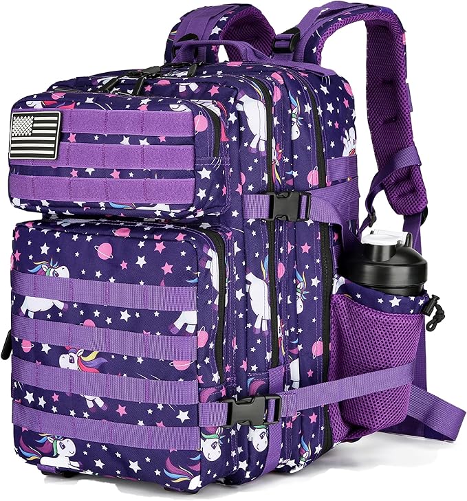 Lovelinks21 25L Tactical Military Backpack Small Travel Rucksack for Men and Women Assault Pack Bug Out Bag Molle Daypack Gym Backpack with Bottle Holder (Purple Pony)