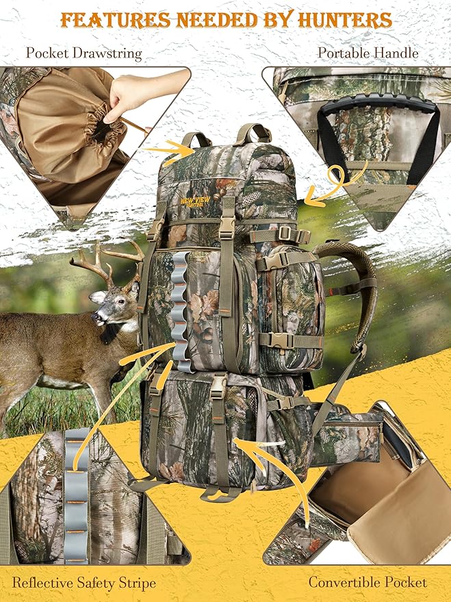 NEW VIEW Hunting Backpack for Men 80L Camo Bag for Deer Elk Waterproof Daypack with Rain Cover &amp Frame