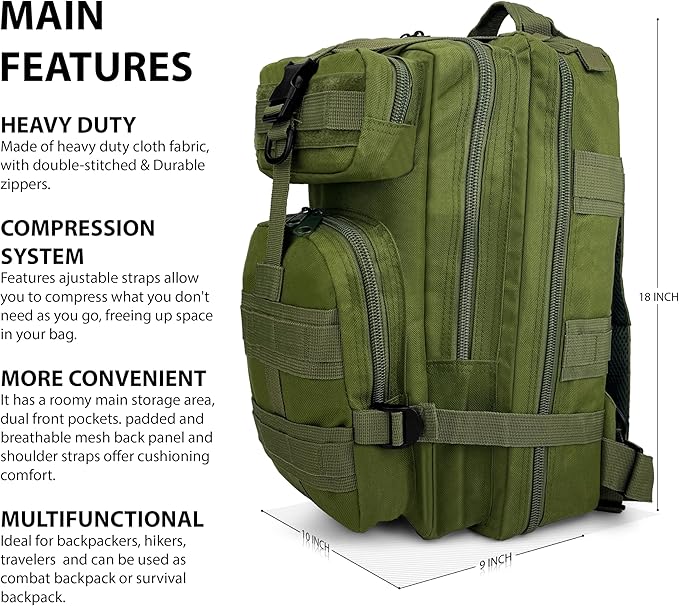 ASA TECHMED Large Tactical Backpack - IFAK Military-Grade Assault Pack Everyday Carry Use Military Backpacks Tactical (Green)