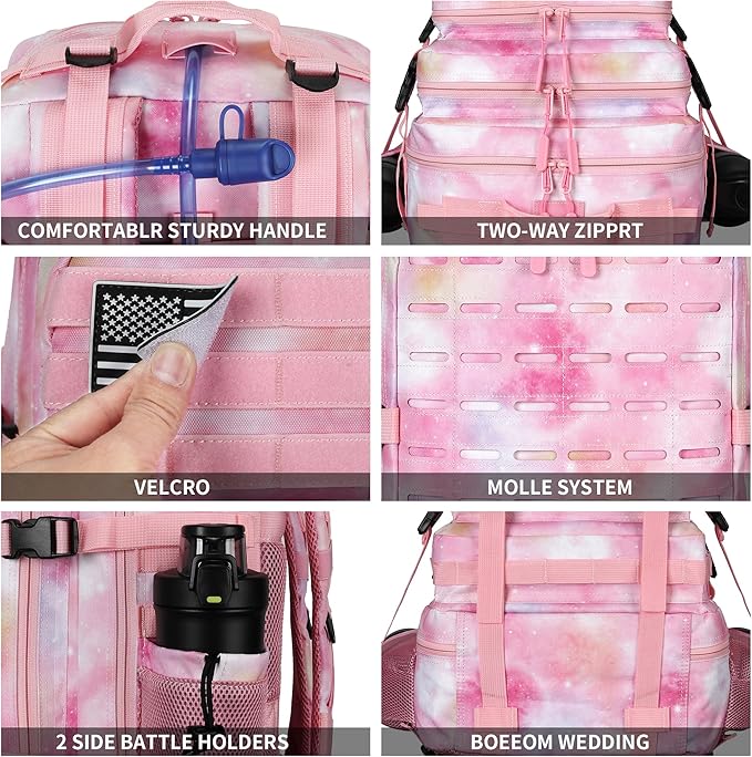 Military Tactical Backpack 45L/25L 3 Day Assault Pack Molle Daypack Hiking Backpack for Men and Women (Pink StarrySky 45L)