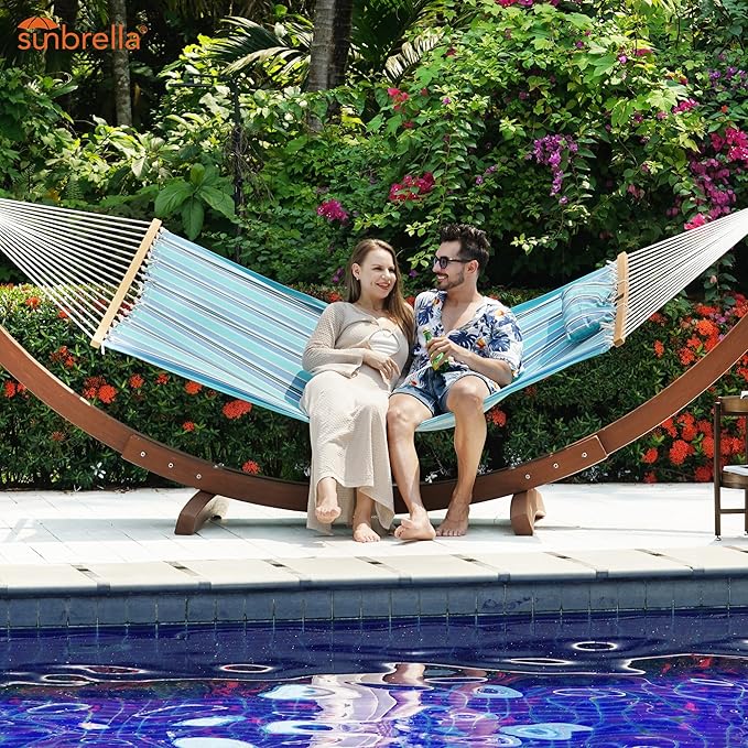 Lazy Daze Hammocks 12 FT Sunbrella Fabric Hammock not Fading with Spreader Bars and Free Pillow Fits for 2 Persons All Weather and Fade Resistant for Patio Yard 450 lbs Capacity Dolce Oasis