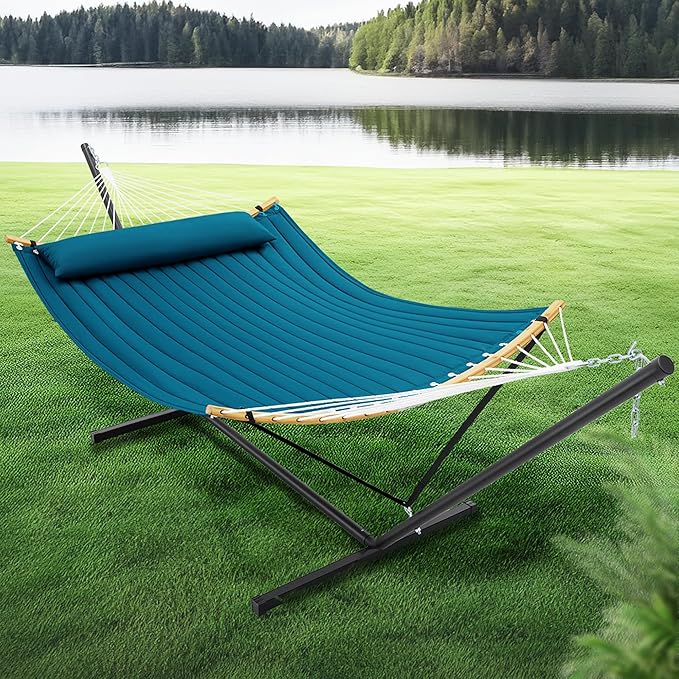 SUPERJARE Curved-Bar Hammock with Stand 2 Person Heavy Duty Hammock Frame Detachable Pillow &amp Portable Carrying Bag Perfect for Outdoor &amp Indoor Peacock Blue