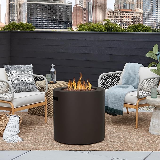Real Flame Aegean 24 Round Propane Gas Fire Pit Table with Hidden Tank 50000 BTU Powder-Coated Steel Push-Button Ignition Lava Rock Storage Cover Stainless Steel Burner with Lid - Dark Bronze