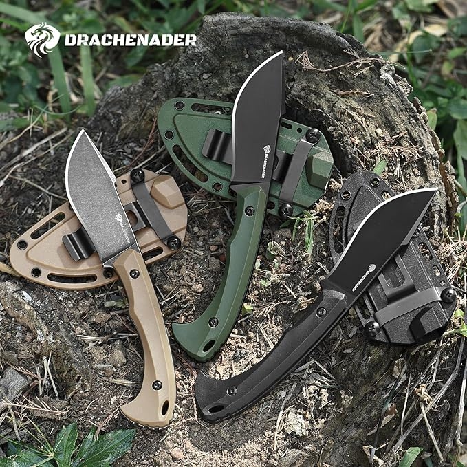 DRACHENADER Survival Knife with Fire Starter L-Y 7.68 Tactical Small Fixed Blade EDC Knife for Men Full Tang Stonewashed Black Blade &amp Black Handle