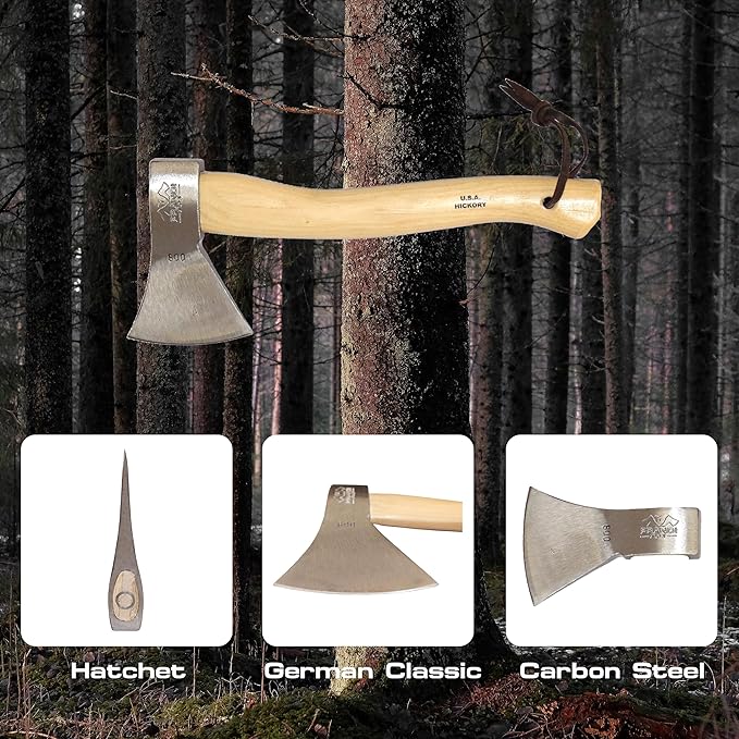 Prandi German Style Camping Hatchet - 1.32lb C43/C45 Carbon Steel Axe with 14” Hickory Handle - Professional Bushcraft Tool for Firewood Splitting &amp Carving